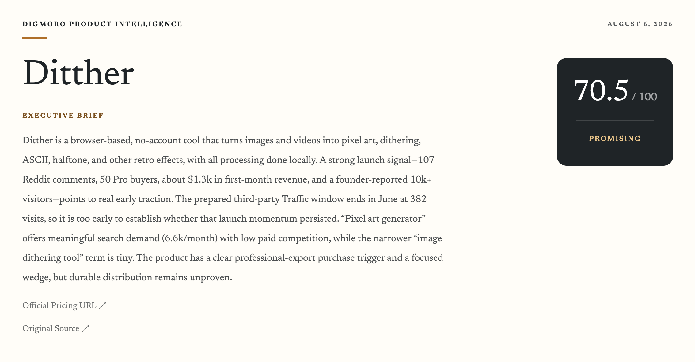 Featured Product Report cover with Executive Brief and score